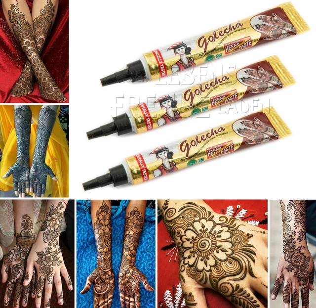 Golecha Henna Tubes For Mehndi Tattoo – 3 Reddish Brown + 3 Black – No PPD