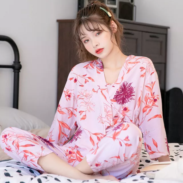 Black Chinese Japanese Pink Cotton Floral Long Ladies Kimono Pyjamas