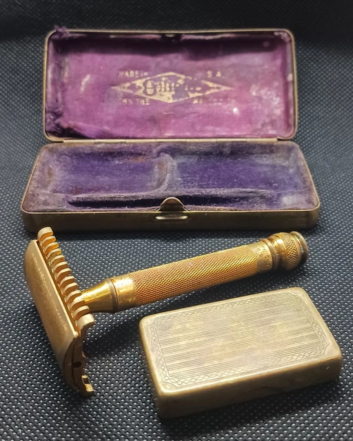 Vintage Gillette Gold Tone 3-Piece Open Comb Safety Razor W/Case & Blades