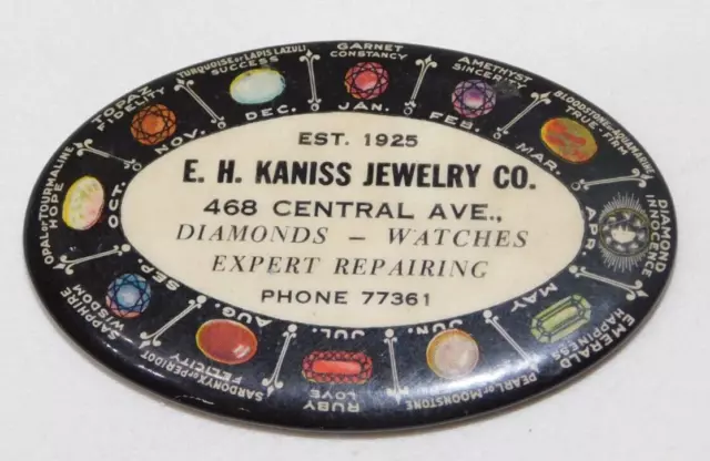 RARE old EH Kaniss Jewelry Co Birthstone Advertising Celluloid Mirror