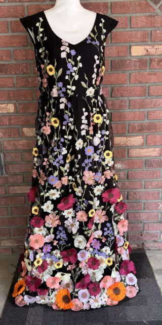 Chic Star 3D Floral Applique Maxi Dress Black Medium Lined Sleeveless EUC