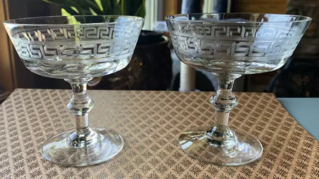 Vintage Set of 2 Libbey Etched Glass Greek Key Champagne or Sherbet Glasses 4"