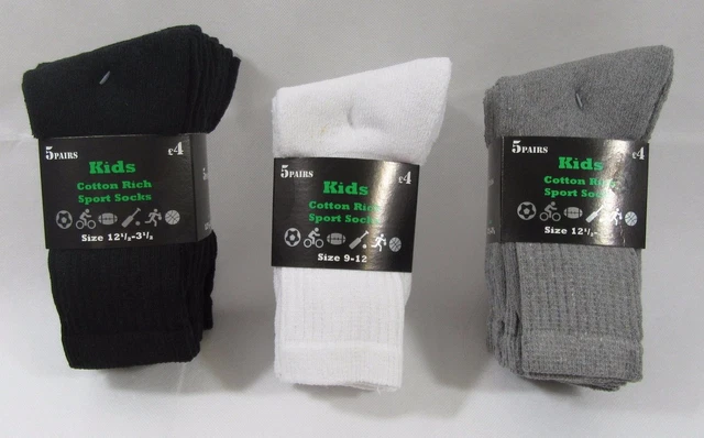 Sport PE School Running  Socks 5 Pairs Black White Grey Cotton  Kids Boys Girls