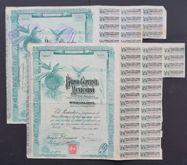 Mexico - Banco Central Mexicano - 1908 - share A 100 pesos "blueberry"  2x