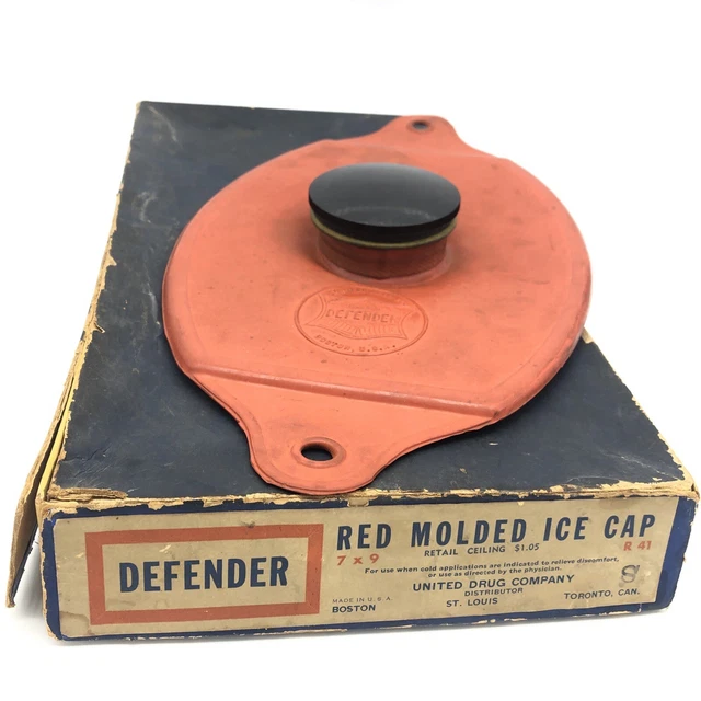 Vintage Defender Red Molded Ice Cap bag - orig box -Rexall United Drug Co