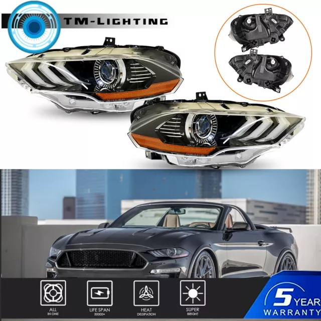 For 2018 19 20 Ford Mustang  LED DRL Headlight Pair Headlamp Black Housing LH&RH