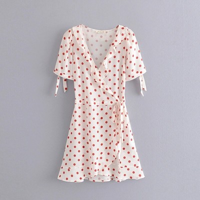 Red Polka Dot White Kimono Dress, Belt Bow Tie Sleeve Women Skirt, Size M S