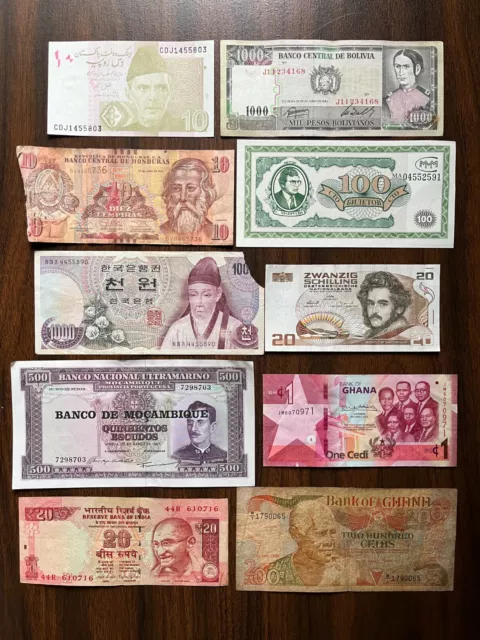 Junk Drawer Lot of 10 Circulated Foreign Banknotes World Paper Money Collections