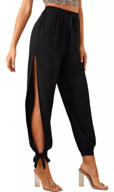 Women's Tapered Side Slit Pants - Elastic Waist Band - Black - Size M