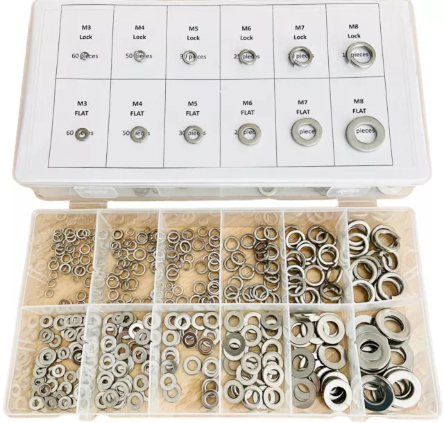 Split Lock and Flat Washer Assortment Set 304 Stainless Steel 400 Piece Silver