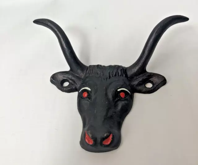 Vintage Cast Iron Bull Longhorn Hand Painted Wall Hook Coat Hanger Farmhouse