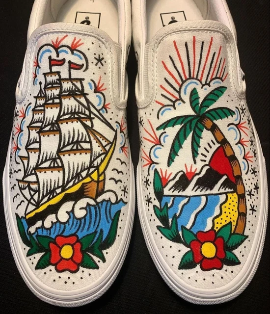 VANS SLIP ON Senza Lacci bianche rose rosse scarpe dipinte a mano