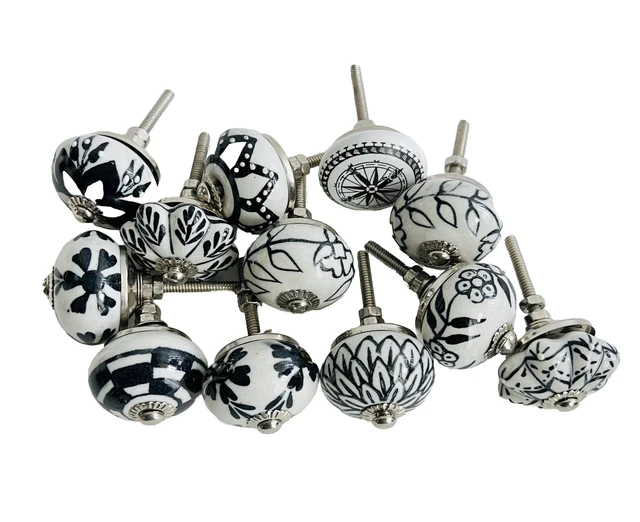 Decorative Hand Painted Set Of 12 Black White Ceramic Cabinet Pulls Door Knobs.