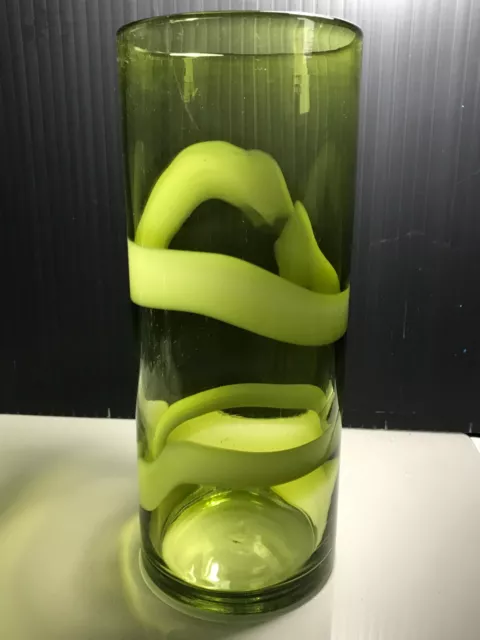Retro Murano Style Green With Abstract Pale Bands Cyclindrical Art Glass Vase