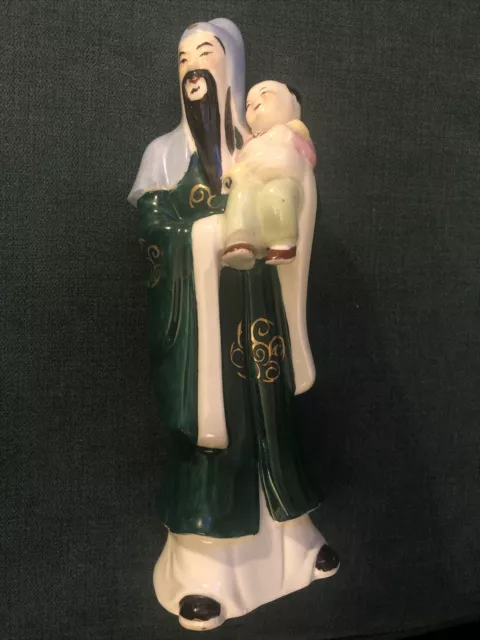 Chinese Japanese Oriental Figure Figurine Green Gown Enamel Ceramic Child Man