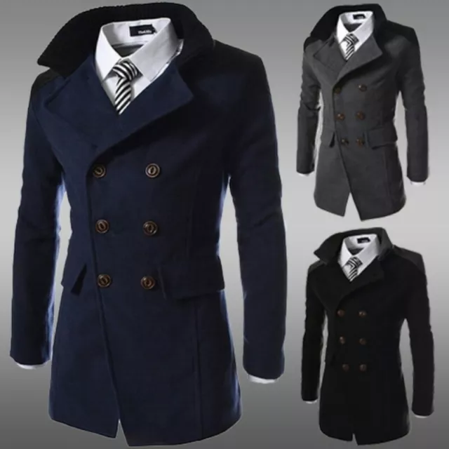 Mens Wool Blend Trench Coat Lapel Double Breasted Reefer Peacoat Jacket Business