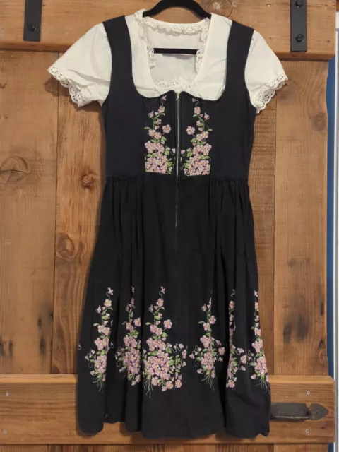 Original vintage dirndl dress made in West Germany Black cotton, w/ white Blouse