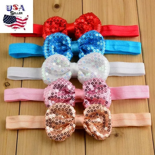 Baby Girls Sequin Bow Elastic Headbands  Boutique Sparkly Sequined Bow Head Wear