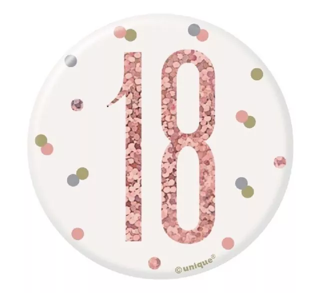 18th Birthday Badge Rose Gold + White  Birthday Party Gift Decorations Age 18