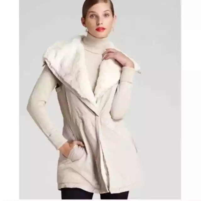 Lafayette 148 Tan Cream White Faux Fur Designer Tunic Vest Jacket - Medium/Large