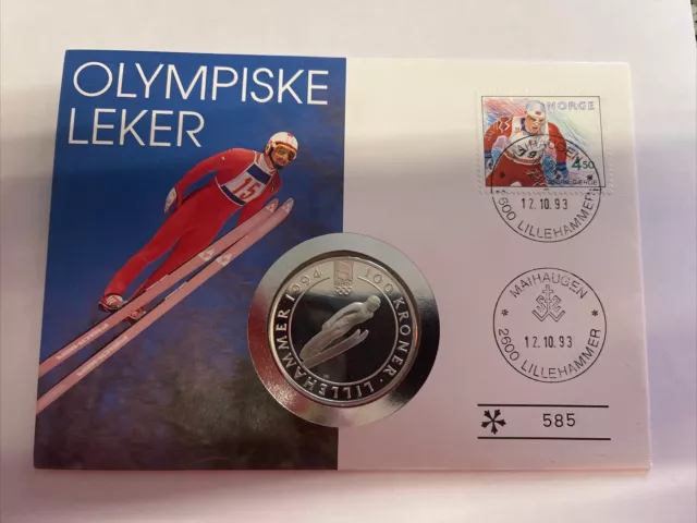 Numisblatt Olympia Lillehammer 1994 mit 100 Kronen 1992 Ski Springer PP RAR