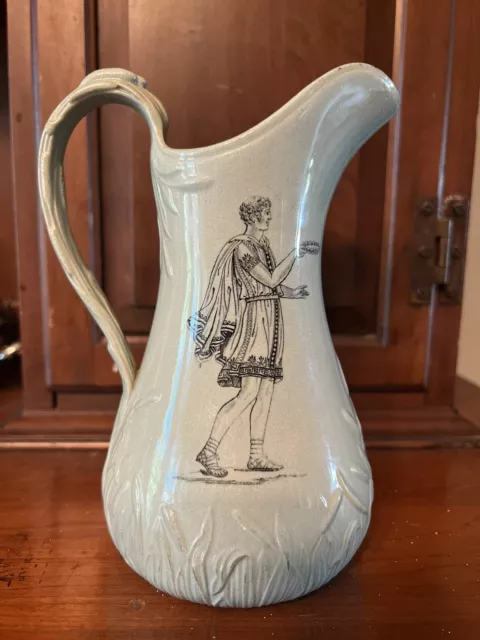 Antique “T Till & Son” Pottery green Pitcher Diamond Mark Roman Man Raised 1861