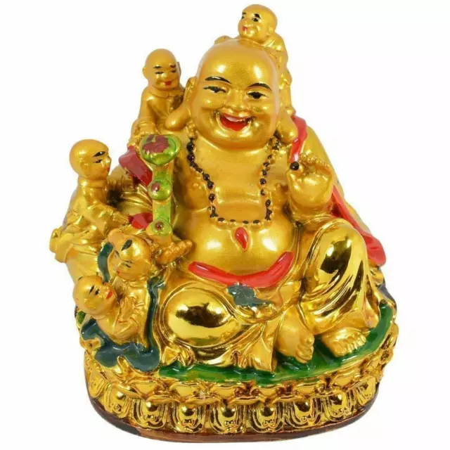 Resin Feng Shui Laughing Buddha with Childs (Gold)Children for Health,