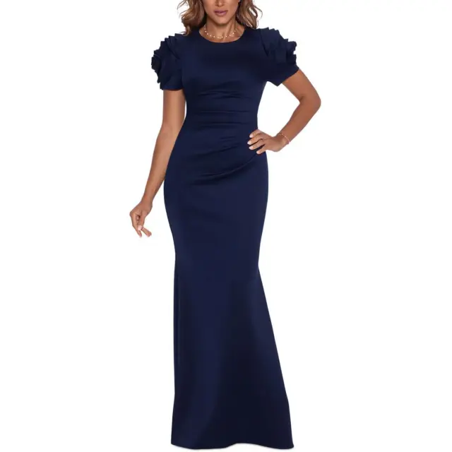 Xscape Womens Navy Ruched Fit & Flare Formal Evening Dress Gown 16 BHFO 4845