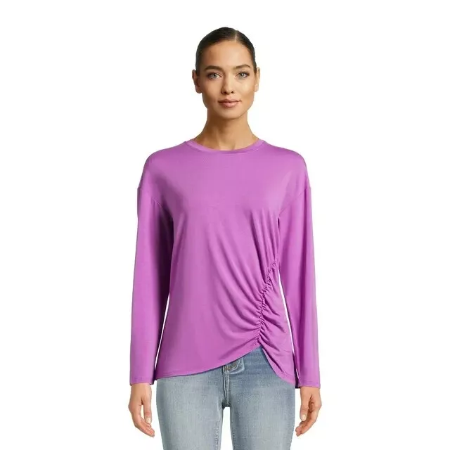 Time and Tru Womens Side Ruched Jersey Knit Top Long Sleeve XL 16-18 Iris Orchid