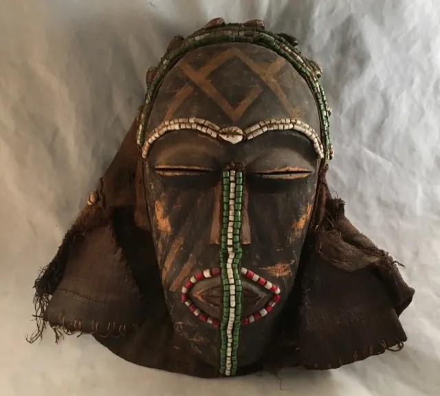 Antique Carved African Kuba Tribal Mask Helmet Beaded Shell Decorated Congo