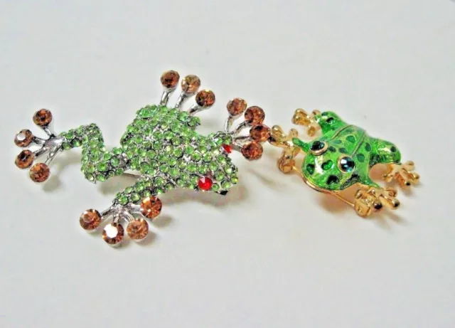 new LOT 2 green FROG pin brooches crystal enamel