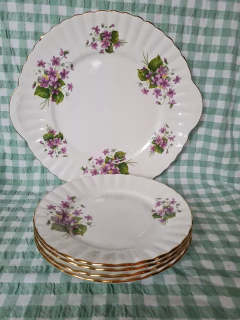 Vintage Royal Stafford bone china Large Cake Plate & 4 Tea Plates Purple Violets