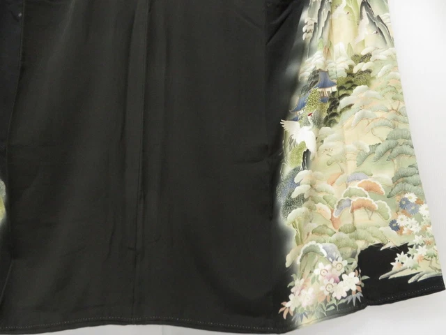 1702T04z800 Antique Japanese Kimono Silk TOMESODE Scenery Black 6
