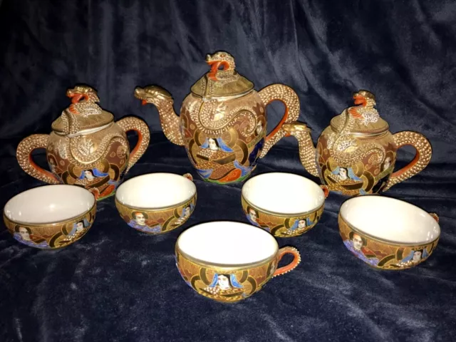 Retro Vtg 11-pc Japanese Porcelain Ceramic Satsuma Moriage Dragon Ware Tea Set