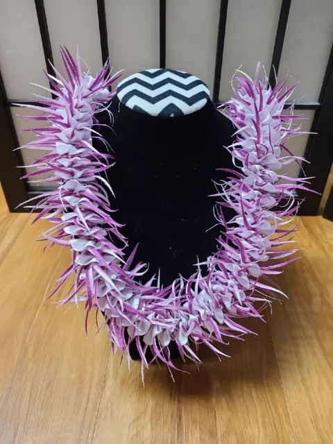 Grad Wedding Party Hawaiian White, Magenta & Pink Strips Rosebud Ribbon Lei