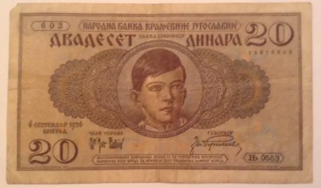 Yugoslavia Banknote. 20 Dinara. Dated 1936