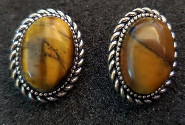 CHAPS Earrings Clip On Costume Jewelry Tigers Cats Eye Oval Vintage