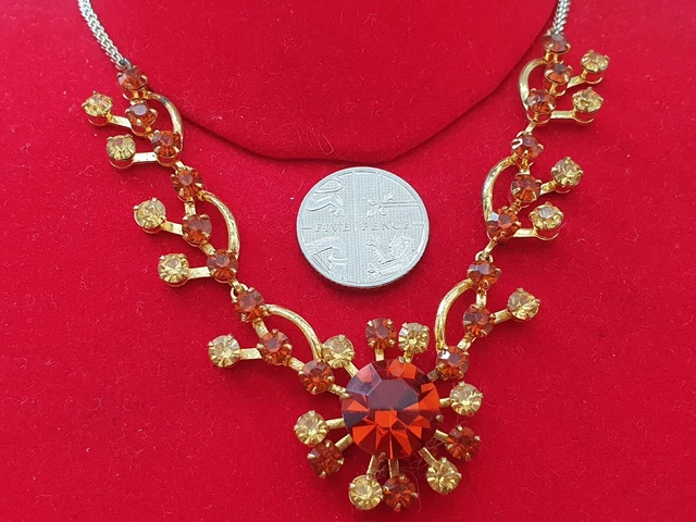 Vintage Sparkly Orange Yellow Rhinestone Gold Tone Statement Necklace