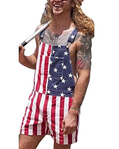 American Flag Overalls Denim Bib Shorts for Men Women Adjustable Strap Jean