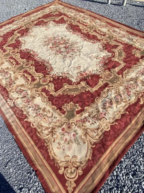 Aubusson Needlepoint French Beige Red Floral Rug 182” X 141.5” (15 x 12) LARGE