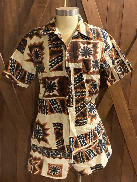 Epic vintage Hawaiian Pomare barkcloth matching men's swim trunks and shirt M