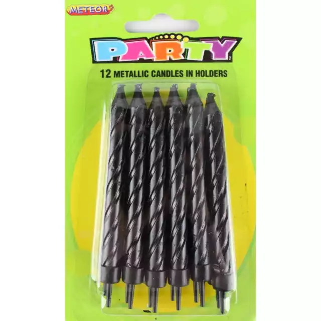 Black Metallic Spiral Candles Pack of 12 Birthday Cake Party Decor Decoration