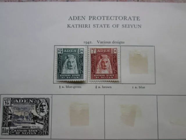 Aden used stamps on four old Crown album pages. 3