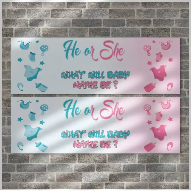 2 PERSONALISED GENDER REVEAL BANNERS - BOY OR GIRL? 900mm x 300mm PINK&BLUE