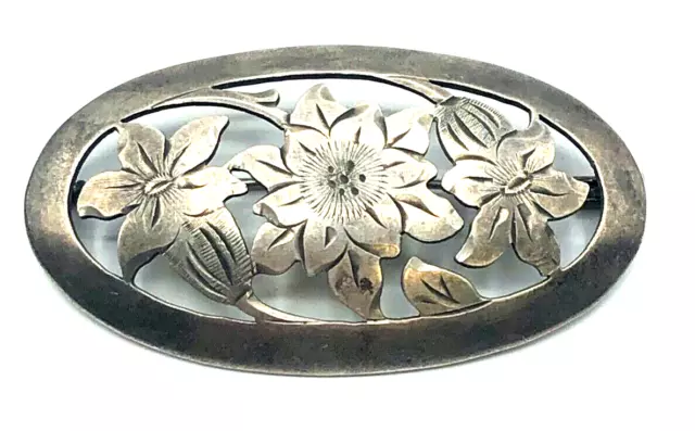 Antik 900 Silber Brosche Anstecknadel mit Durchbruch Enzian Muster Handarbeit