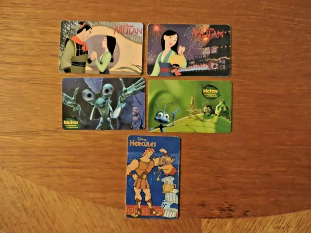 5 Argentina Disney Phonecards. Mulan, Bugs Life, Hercules Collectors Item