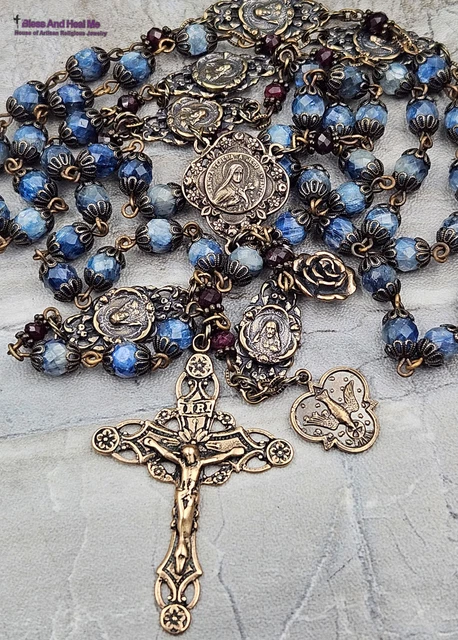 St Therese Sacred Heart Blue Kyanite Bronze Antique Style Ornate Rosary