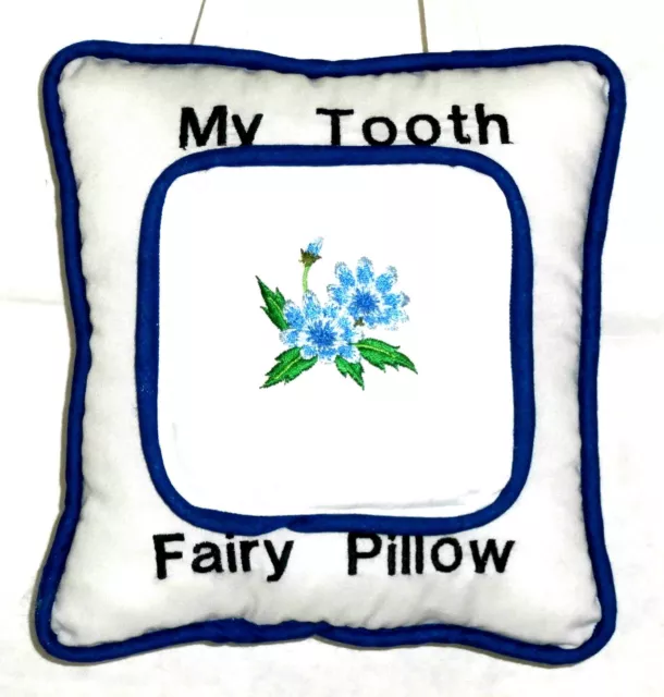 Tooth Fairy Pillow Embroidered Blue Flowers on White Cotton F2 New Handmade