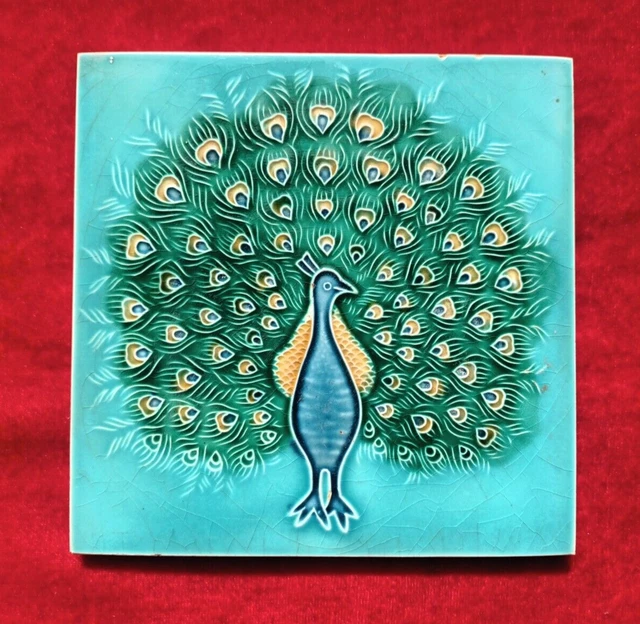 1 Piece Peacock Art Deco Embossed Design Majolica Ceramic Tiles Japan 0299