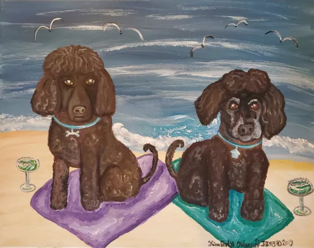 IRISH WATER SPANIEL on the Beach Collectible Dog Art Print 8 x 10 Signed KSAMS